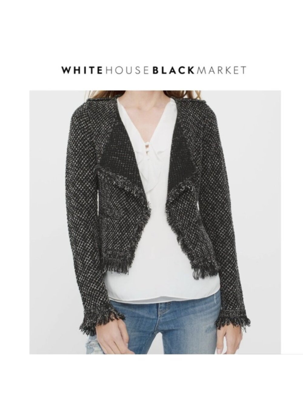 WHBM Fringe Tweed Sweater Jacket